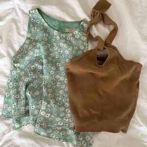 Set of Tan Ribber Halter &  Floral Sleeveless Tops